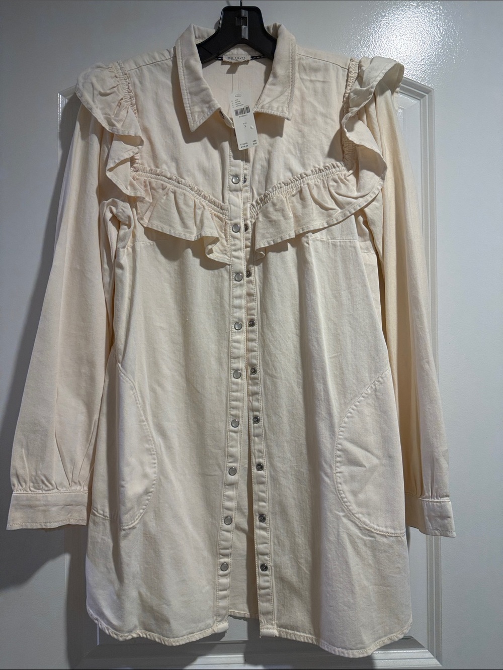 Pilcro Cream Ruffle-Front Long Sleeve Dress